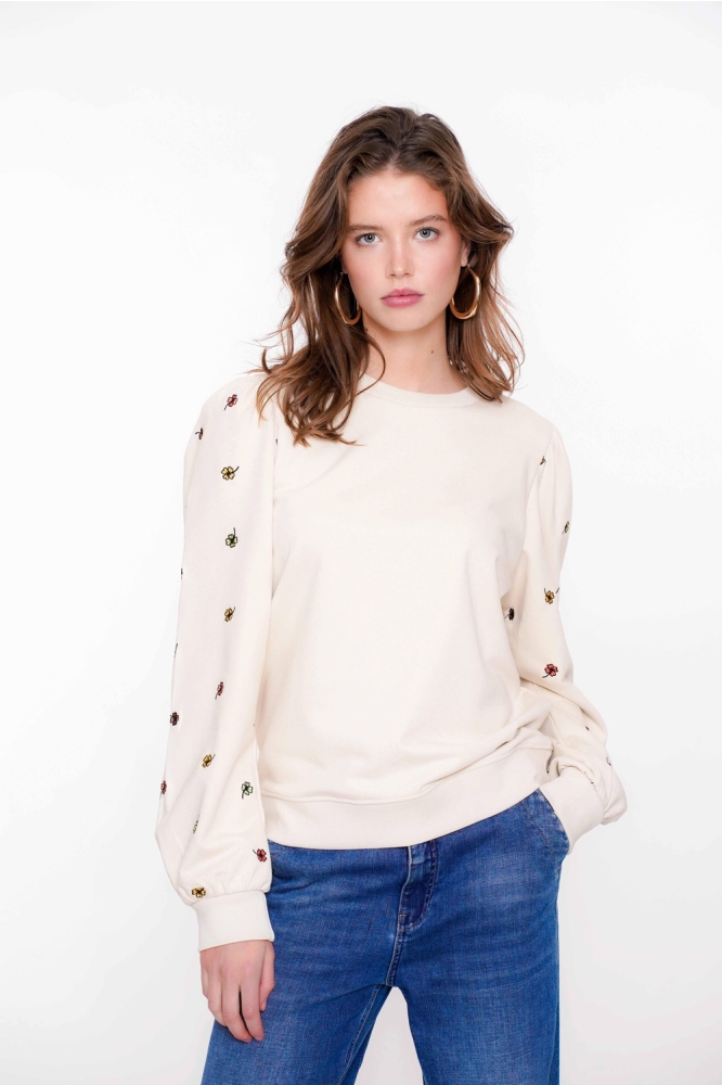 SWEATER MET GEBORDUURDE BLOEMENMOTIEF 52080 21 Sand/Green combi
